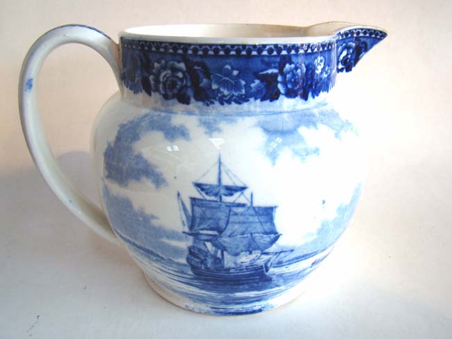A Wedgewood pitcher circa 1900 depicting the Mayflower in Plymouth Harbor and John and Priscilla Alden — image 2